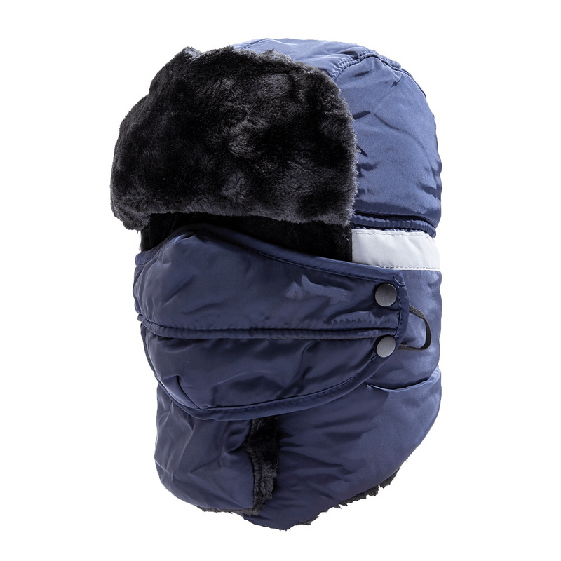 Winter windproof ski cap with earflaps and closed neck, unisex design in blue with black faux fur lining, perfect for cold weather.